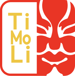 A stylized red face mask on the right and the text Ti Mo Li in yellow stacked vertically on a black background on the left, all within a red-bordered square.