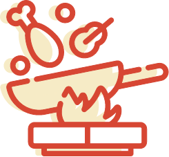 A stylized illustration of a frying pan over a flame with food items, including a drumstick and vegetables, being tossed in the air.