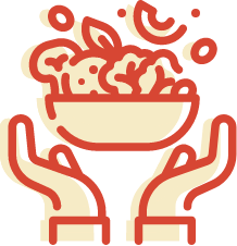 Illustration of two hands holding a bowl of salad with various vegetables inside. The drawing uses red and yellow lines with a simple, stylized design.