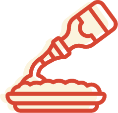 A stylized illustration of a sauce bottle pouring sauce onto food on a plate. The image features bold red and yellow lines.